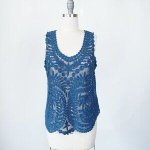 Baraschi Lace Top Embroidered Sheer Scallop Hem Blue M Bohemian Casual Victorian